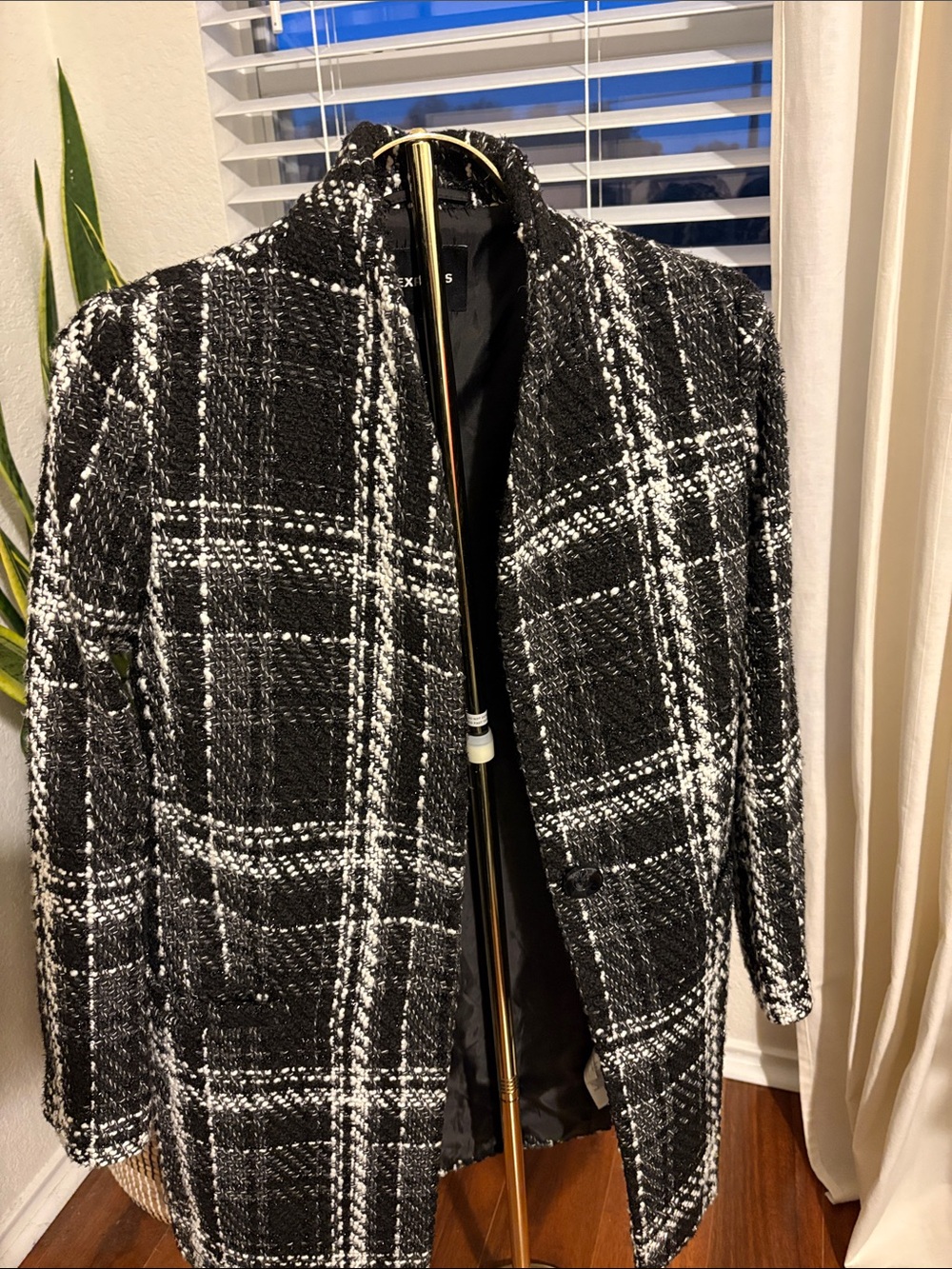 Express Black and White Plaid Peacoat